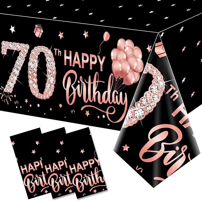 Parfundg 3 Pack 70th Birthday Tablecloth Decorations for Women, Rose Gold Happy Seventy Birthday Theme, Rectangular Plastic Disposable Table Cloth Decor, 54 x 108 Inches