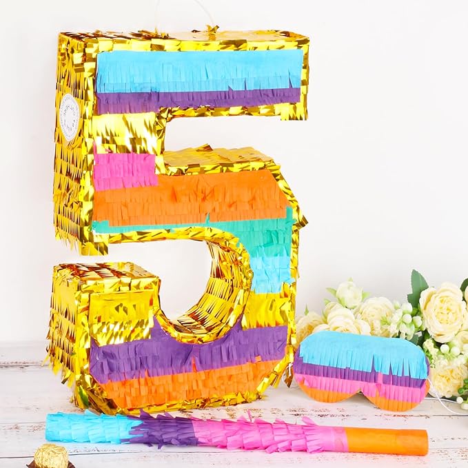 Rainbow Number 5 Pinata for 5th Birthday Party Decorations Fiesta Centerpieces Kids Anniversary Celebrations Birthday Party Supplies (16.1 x 10.6 x 3 Inches)