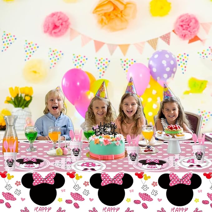 91Pcs Pink Bow Mouse Party Supplies Tableware Set, Cartoon Theme Birthday Party Decorations Include Paper Plates, Napkins, Tablecloth, Straws, Cups, Knives, Spoons and Forks (Pink)