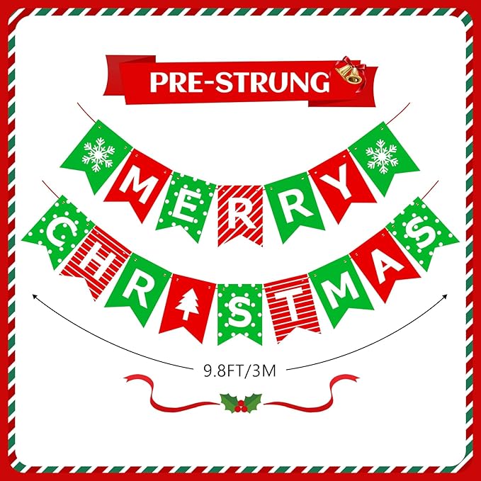 Pre-Strung Christmas Party Decorations – Merry Christmas Banner Indoor,Green Red Vintage Xmas Banner Decor Sign for Festive Holiday Home Party,Fireplace Mantel,Farmhouse,Wall,Window,Office