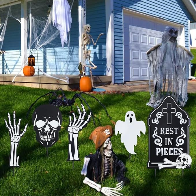 hogardeck Halloween Decorations Outdoor, 5 Pcs Metal Decorative Garden Stakes with Skulls Head, Hands & White Ghosts for Halloween Decor, Tombstone Yard Signs for Outside Garden Lawn Patio Porch