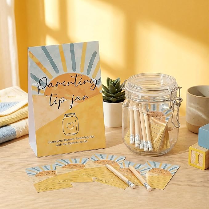 Roowest Baby Shower to Baby Advice Cards for New Parents to Be - Tip Jar Sign for New Parents 60 Parenting Advice Cards 10 HB Pencils 2 Cute Stickers 1 Pet Bottle for Guests Games (Sun)