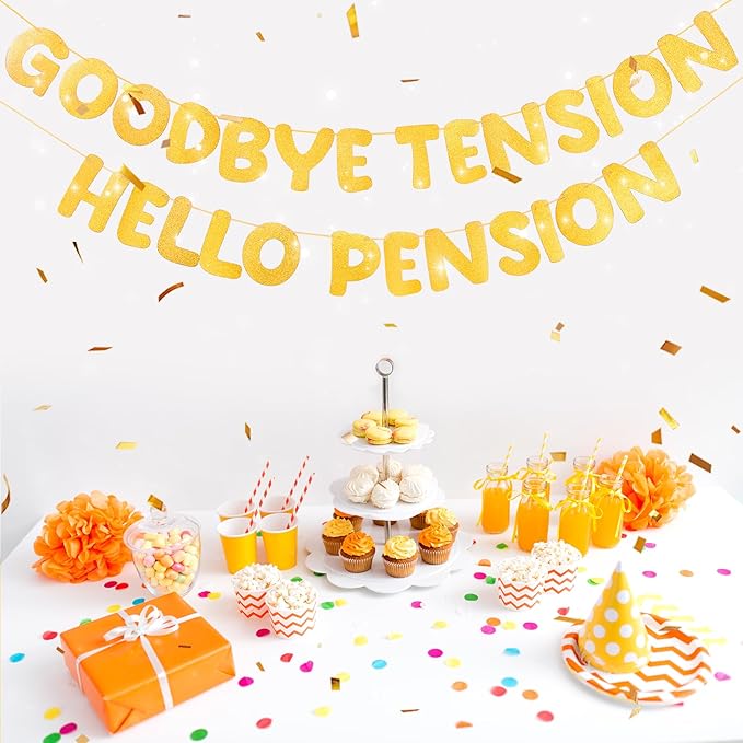 Retirement Banner Pre-Strung GOODBYE TENSION HELLO PENSION Banner Glitter Retirement Party Supplies Decorations for Women Men Office Home Decor (Gold)