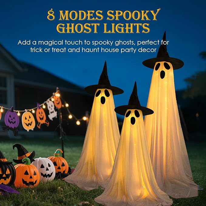 3 Pack Ghost Halloween Decorations Outdoor, Light Up Ghost Decorations with 8 Modes & Timer, Battery Operated Halloween Lights Ghost Decor Indoor Outdoor Room Front Yard, Porch, Haunted House Party