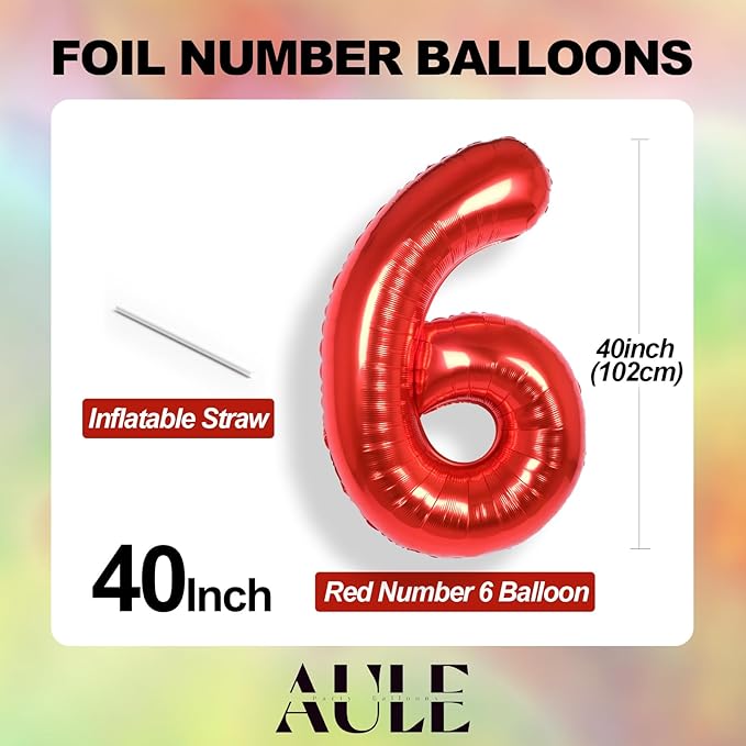 AULE 40 Inch Big Red 6 Balloon Number Large Foil Helium Number Balloons 0-9 Jumbo Giant Happy 6th Birthday Party Decorations for Boy or Girl Huge Mylar Anniversary Party Supplies