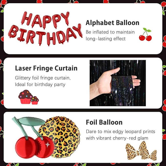 119Pcs Red Cheetah Print Birthday Decorations Balloons Kit, Black Red Cherry Leopard Print Balloons Birthday Foil Banner and Laser Fringe Curtain for Girls Women