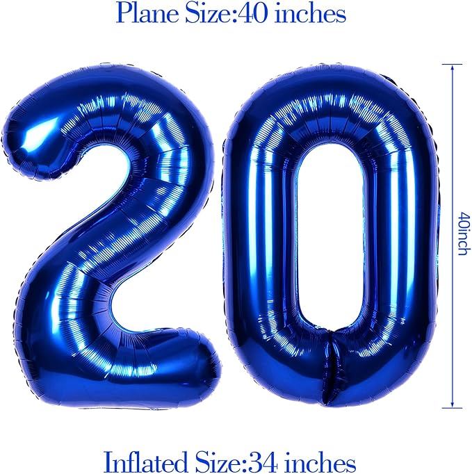 40Inch Navy Blue Number 20 Balloon Large Helium Royal Blue Number Balloons 0-9 Giant Digital 20th Foil Mylar Big Party Balloon for Boy Birthday Party Anniversary Graduation Decorations