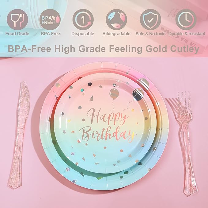 200 PCS Pastel Rainbow Party Decorations,Birthday Plates and Napkins Party Supplies, Rainbow Birthday Plates-Pastel Party Plates Napkins Cups for Kids Girls Birthday Baby Shower
