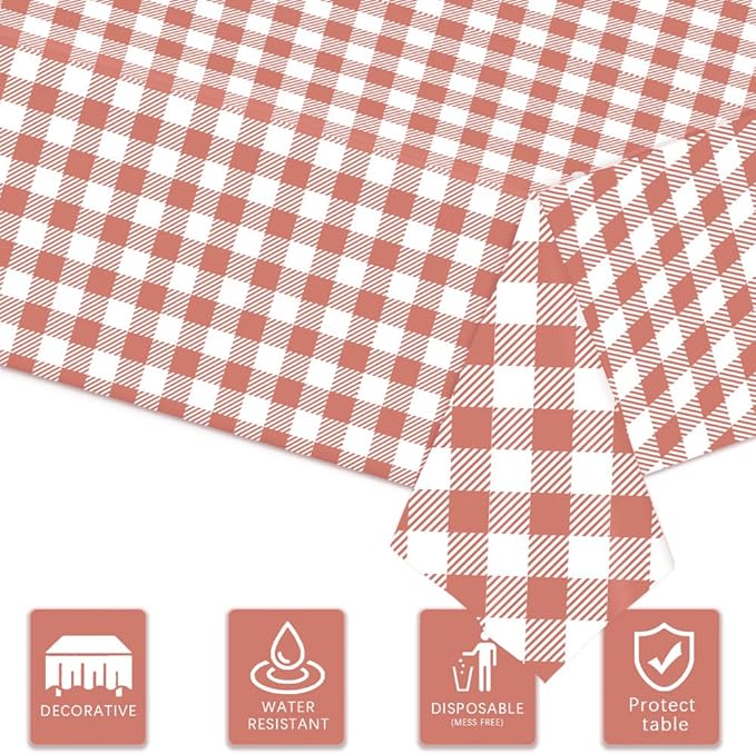 3 Pack Red and Pink Gingham Tablecloths, 54 X 108Inch Disposable Party Table Covers Scalloped Red and Pink Checkered Tablecloth