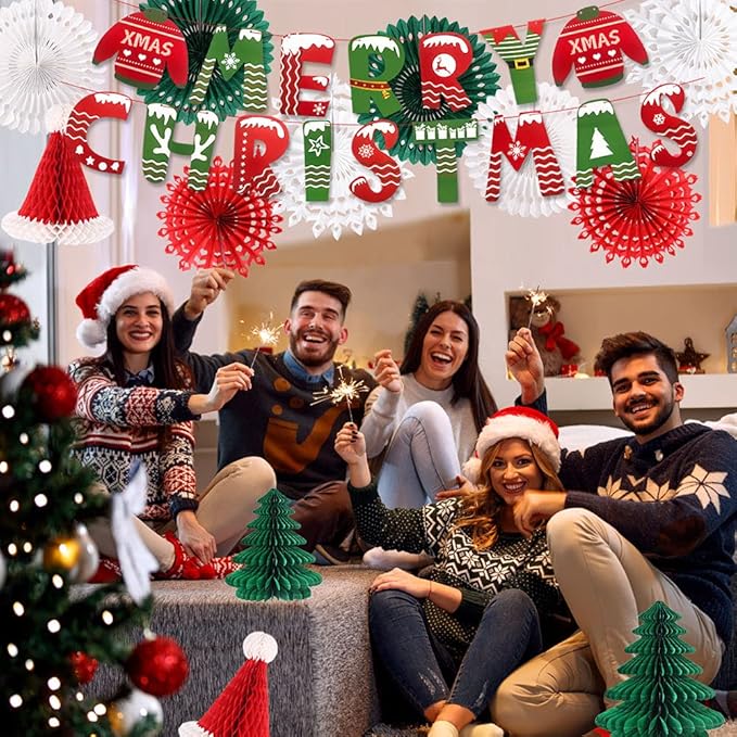 Christmas Party Decorations, Merry Christmas Banner Honeycomb Santa Hats Trees Hanging Snowflakes Paper Fans for Xmas Party Eve Holiday Home Decor