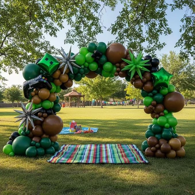 158Pcs Pixel Balloon Garland Arch Kit - Video Game Party Decorations with 18 12 10 5 Different Sizes Green Brown Black Latex Balloons for Pixel Birthday Baby Shower Boy Gaming Theme Decorations