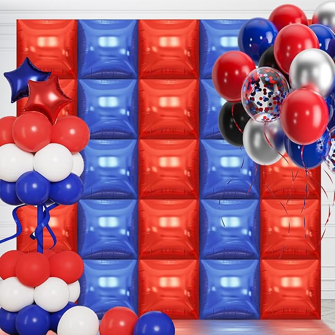 50PCS Blue Red Square Foil Balloon Wall, 19'' Reusable DIY Mylar Double Side Balloons Garland Tunnel Arch Kit for Anniversary Baby Shower Bachelorette Birthday Game Party Decor