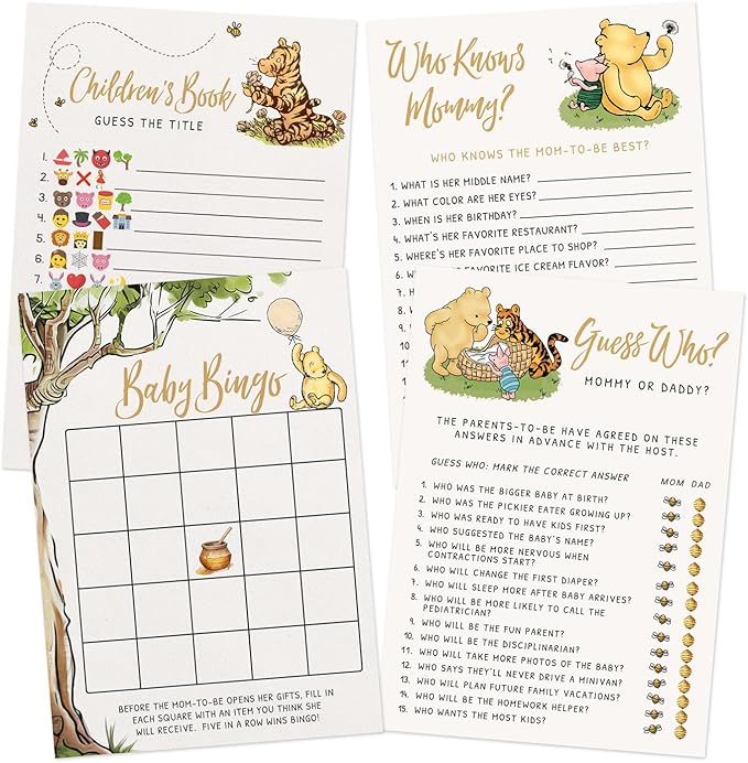 Printed Party Winnie Baby Shower Game Set – 4 Games with Classic Pooh Theme for 30 Guests, Includes Bingo, Mommy-to-be Trivia, Storybook Icon Guessing, and Guess Who, Bear Theme for Boy or Girl
