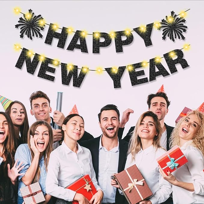 Light Up Happy New Year Banner Black Glitter for New Years Eve Party Decorations Happy NYE Party Home Office Decorations
