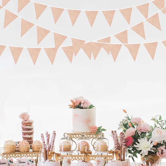 46Ft Nude Party Decorations Beige Burlap Banner Nude Triangle Pennant Flag Linen Garland Streamers for Vintage Boho Birthday Rustic Baby Shower Wedding Graduation Camping Party Decorations