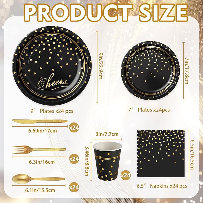Black Gold Paper Plates and Napkins Party Supplies for 24 Guests, 168 Pcs Disposable Paper Plates with Utensils Set for Black and Gold Graduation Birthday Anniversary Retirement Party Decorations