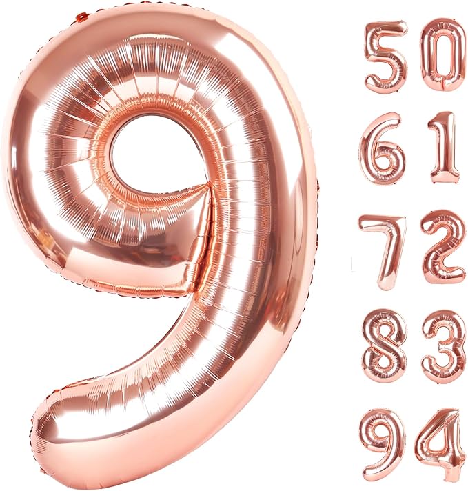 Rose Gold 9 Balloon, Number Balloons 40 Inch, 9th Giant Birthday Decorations for Boys Girls, 19th 29th Party Decorations Supplies, Number 9 Balloon
