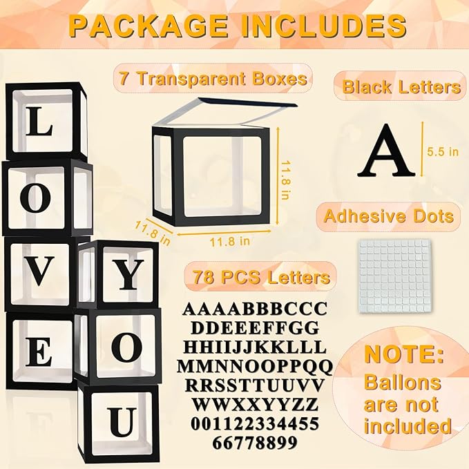 Ledido Black Transparent Balloon Boxes With 78 Letters Numbers, Letter Box for Baby Shower Clear Baby Box Black Balloon Boxes for Birthday, Bridal Shower, Graduation Prom Party Decoration, 7 PCS