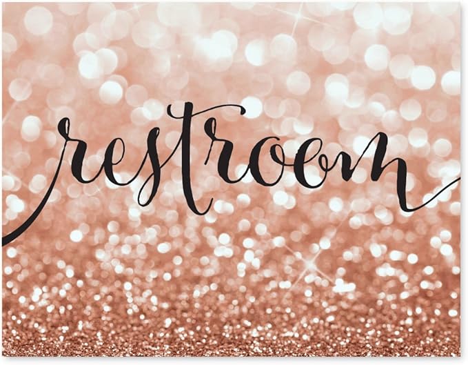 Andaz Press Wedding Party Signs, Glitzy Rose Gold Glitter, 8.5x11-inch, Restroom, 1-Pack, Bokeh Colored Party Supplies
