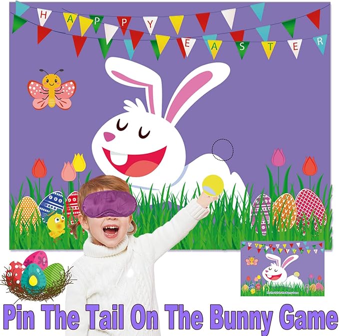 Funnlot Easter Games for Kids Pin The Tail on The Bunny with 24 Stickers Easter Party Games Easter Rabbit Game for Easter Party Decorations Easter Egg Hunt Activities