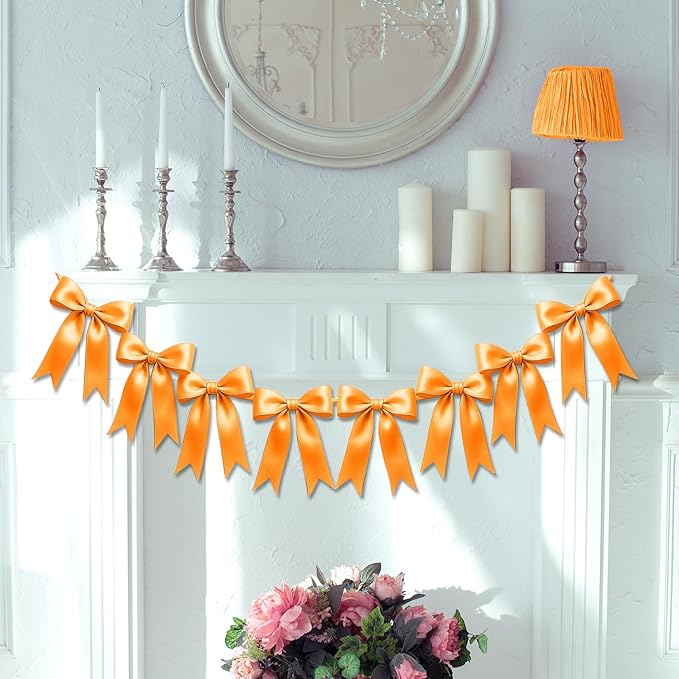 2 Strings of 16PCS Golden Yellow Bow Garlands Banner Decoration,Pre-Strung Satin Ribbon Ornaments for Birthday,Christmas,The Fall Festival,Thanksgiving,Halloween,Anniversary,Wedding,Baby Shower