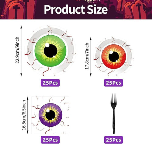 100 Pcs Spooky Halloween Eyeball Party Supplies Set - Serves 25, Scary Disposable Tableware, Includes Paper Plates, Napkins, Forks for Halloween Decorations, Trick or Treat Eyeballs Party Favors
