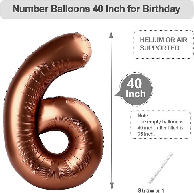 6 Balloon Numbers, 40 Inch Foil Big Balloon for Men And Women, Coffee Brown Balloons for 6, 16, 26, 60, 2026 Graduation, Birthday, Wedding Anniversary, Xmas, Party Supplies