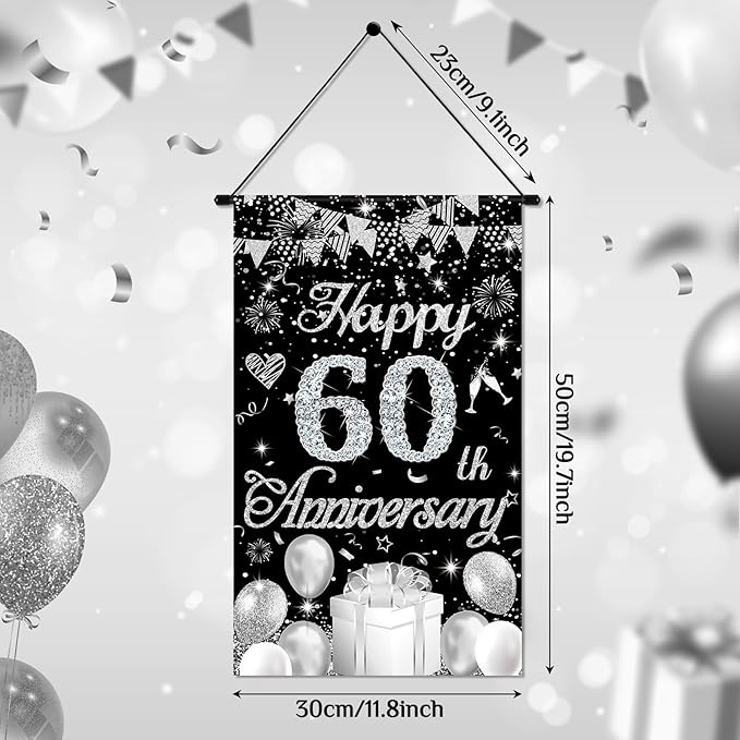 60th Anniversary Decorations Small Banner Black Silver Happy 60th Anniversary Door Hanging Banner Porch Front Door Decor for Women Men 60 Years Diamond Wedding Anniversaries Cruise Door Sign Supplies