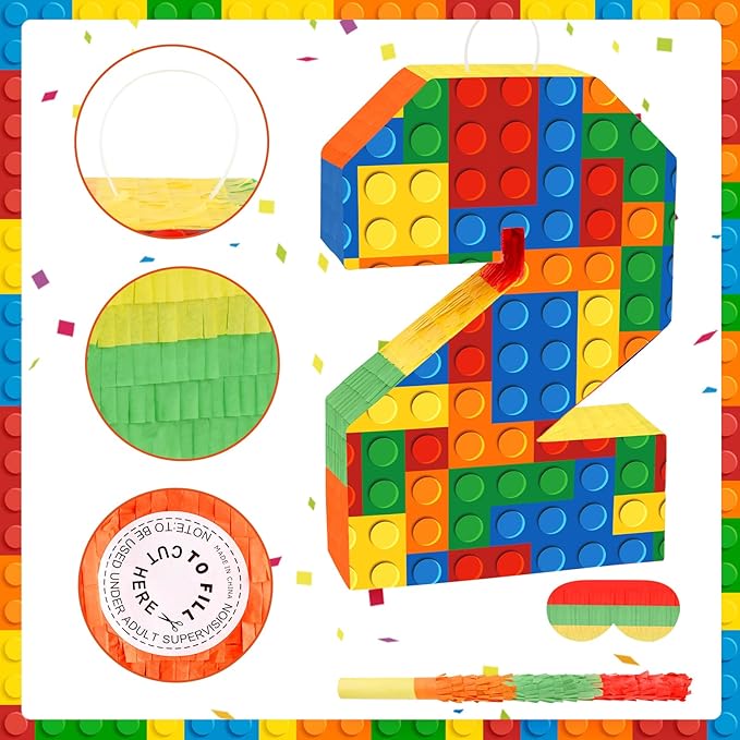 Building Blocks Number 2 Pinata with Pinata Stick & Blindfold 2th Birthday Party Decorations for Kids Happy Birthday Building Block Theme Party Supplies for Boys Girls (16 x 10.6 x 3 In)