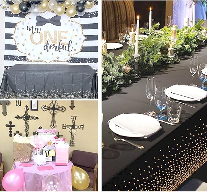 2 Pack Black Plastic Tablecloth Disposable Black and Gold Tablecloth for Rectangle Tables 54" x 108" Party Decorations Birthday Thanksgiving Christmas Valentines Wedding Outdoor BBQ Picnic (Black)