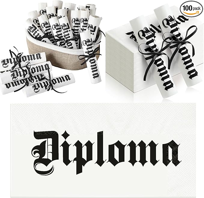 100 Set Graduation Diploma Guest Napkins Red Black and White Rolled Silverware Disposable Grad Award Dinner Napkin with Ribbon and Scissors for Celebration(diploma, Black, 100 Pcs)