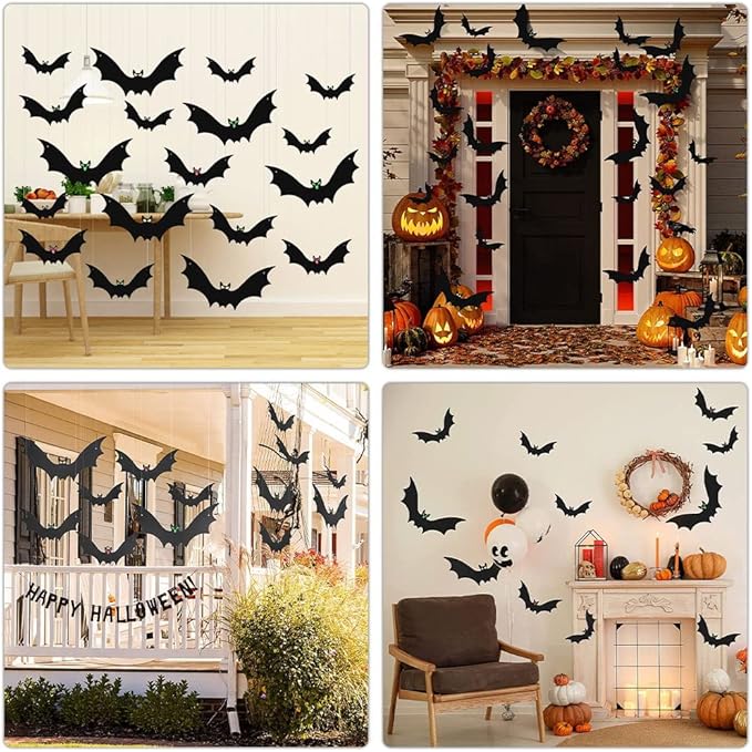 (18 Pcs) Hanging Bats Halloween Decoration Outside, Large Flying Plastic Bats Outdoor Decor, 3 Different Sizes with Cute Eye Stickers for Hanging in The Tree, Porch, Yard, Lawn, Indoor