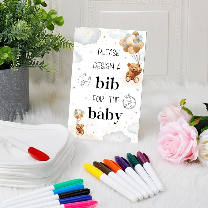 Panitay 43 Pcs Baby Shower Games White Bibs Design, Include Wooden Baby Shower Game Sign, 30 DIY Blank White Bibs, 12 Markers for Gender Reveal Party Decorating Supplies(Bear)
