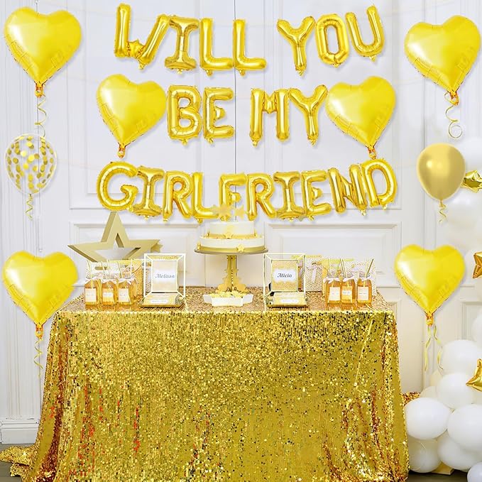2 Set 16 Inch Will You Be My Girlfriend Balloons Banner, Gold Proposal Letter Balloons with 6 Heart Shaped Balloons for Romantic Decorations, Engagements, Anniversaries, Valentines Day Decor
