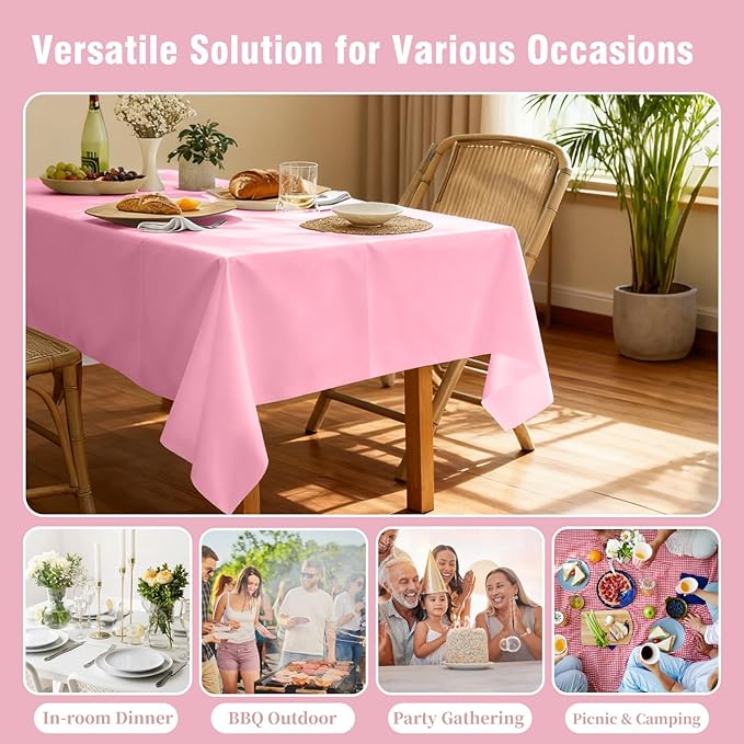 Pink Plastic Table Cloth - 3 Pack 54" × 108" Light Pink Rectangle Disposable Tablecloth, Pastel Plastic Cover for Easter Party, Valentines, Mothers Day Decorations