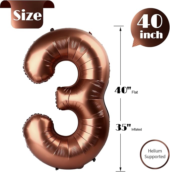 Dark Brown 3 Balloon, Coffee Brown Number Balloons 40 Inch, Chocolate 3rd Birthday Decorations for Kids Girls Boys, Men Women Party Supplies for Decorations, Number 3 Balloon