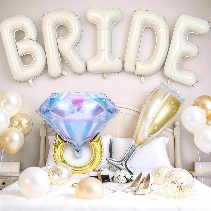 40inch Cream Bride Balloons Bachelorette, Bride To Be Bridal Shower Balloon Diamond Ring Champagne Glass Foil Balloons for Bachelorette Bridal Shower Engagement Wedding Hen Night Room Party Decoration