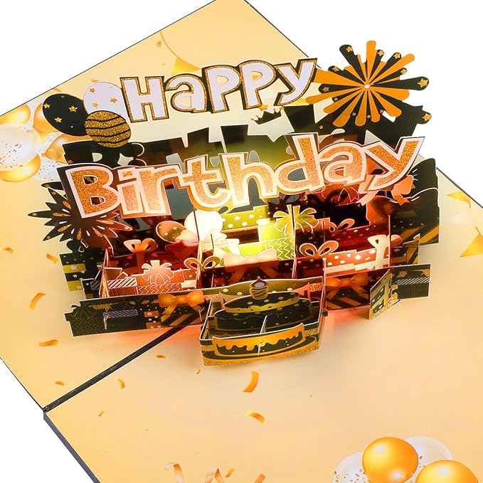 Musical Black Gold Pop Up Card, Light & Music Pop Up Birthday Cards, 3D Father's Day Card, Music Happy Birthday Card, Anniversary Card, for All Occasion with Envelope.