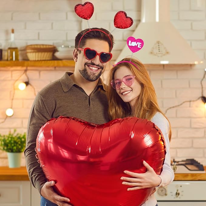 48 Pcs Red Love Heart Bopper Glitter Headbands and Heart Sunglasses, Wedding Party Pink Eyeglasses for Decor