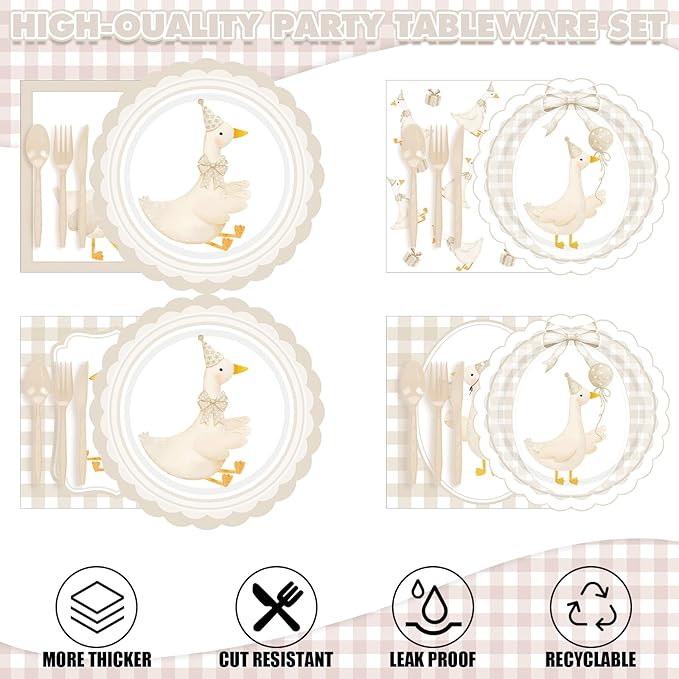 Zhehao 350 Pcs One Silly Goose Birthday Party Tableware Set Beige Scalloped Baby Shower Plates Cup Napkins Forks for Birthday Party Decorations Supplies for 50 Guests