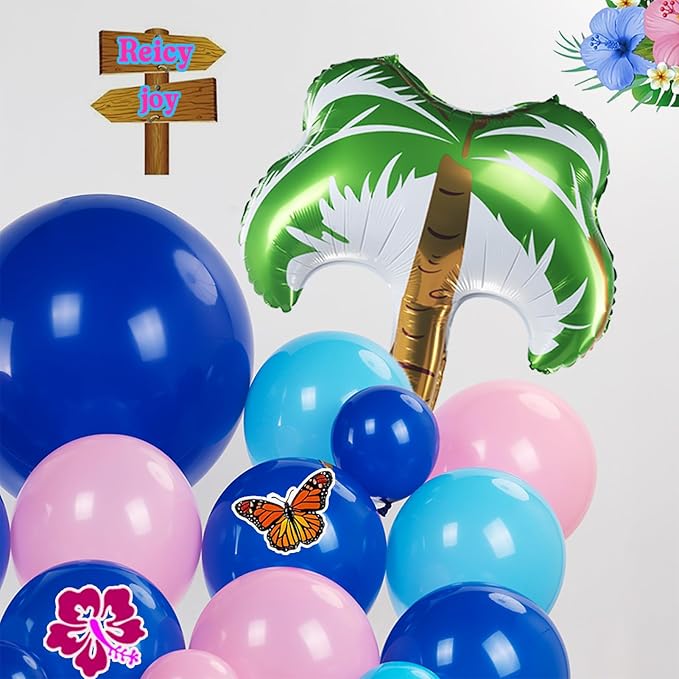 Blue and Pink Balloon Garland Arch Kit with Coconut Tree foil balloons ohana Backdrop Hibiscus Flower Paper Card for Summer Hawaii gender reveal Baby shower Hawaii cartoon birthday party decorations