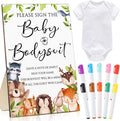 Qunclay 12 Pcs Baby Shower Game Decor with White Unisex Bodysuit Wooden Sign Tabletop Decor and Marker for Guests(Woodland)