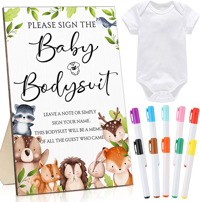 Qunclay 12 Pcs Baby Shower Game Decor with White Unisex Bodysuit Wooden Sign Tabletop Decor and Marker for Guests(Woodland)