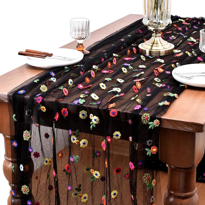 Joanlody Black Embroidery Daisy Spring Summer Table Runner 10ft Florals Seasonal Easter Tulle Table Runner Holiday Kitchen Dining Table Decoration for Home Party Indoor