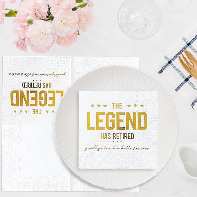 The Legend Has Retired Cocktail Napkins, 50 Pack 3-Ply Retirement Party Decorations Supplies, Gold Foil Disposable Napkins for Farewell,Coworker Goodbye & Going Away Celebration (5"x5")