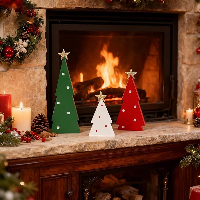 Christmas Decorations Indoor, 3PCS Christmas Trees Decorations Table Shelf Decor Wooden Sign Centerpieces with Glitter Star for Home Office Mantel Tabletop Fireplace Party Decor