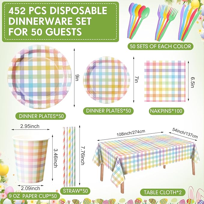 452 Pcs Pastel Easter Party Decoration for 50, Spring Easter Paper Plates Napkins Cups Tablecloth Cutlery Straws Rainbow Pastel Gingham Plaid Tableware for Spring Birthday Party Supplies