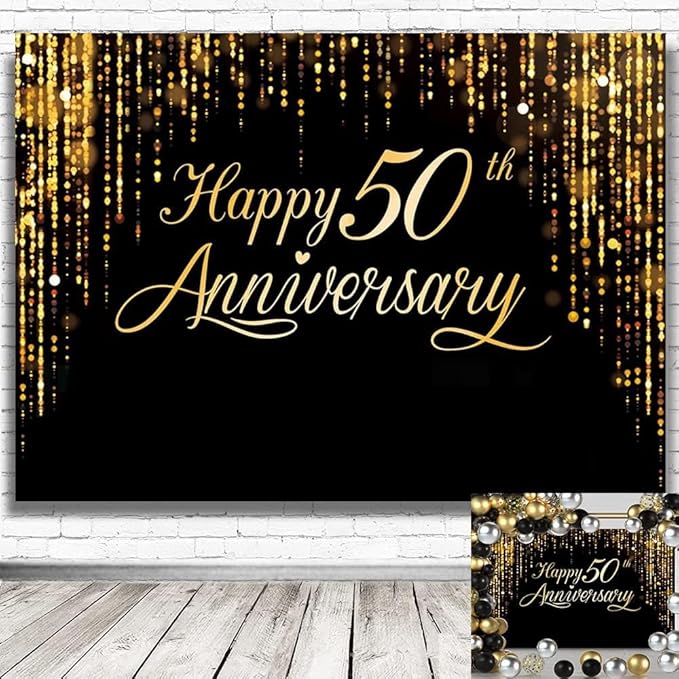Anniversary Backdrop for Happy 50th Party, Black Gold Background Glitter Bokeh Dots Wedding Anniversary Party Photo Background Cake Table Extra Large Wall Decor Props (73'' x 50'')