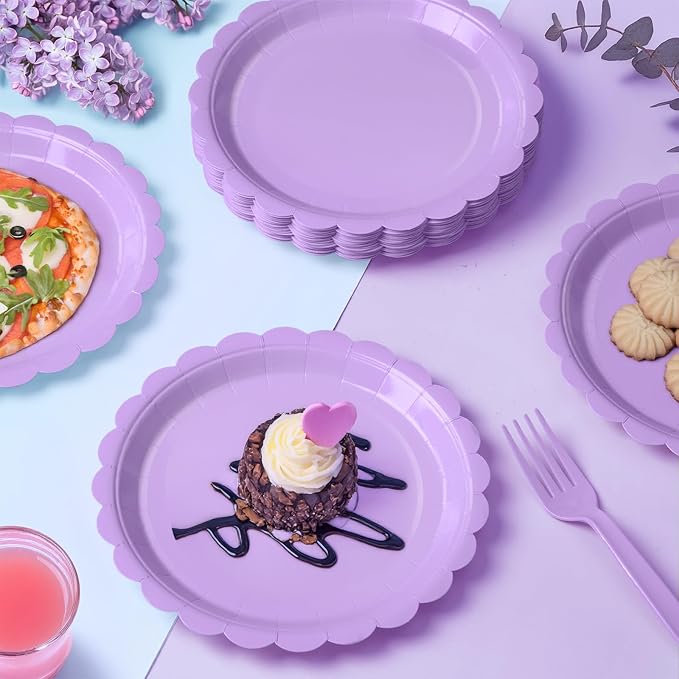 105PCS Paper Plates and Napkins Set,7 Inch Scalloped Disposable Tableware with Forks for Birthdays, Garden Parties & Outdoor Events,Serves 35 (Light Purple)