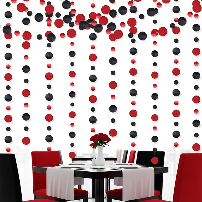 Outus 5 Pieces Black,Red Round Dots Garland Easter Graduation Party Hanging Decor Each Length 13.1ft Glitter Paper Dot Streamers for Birthday Wedding Classroom